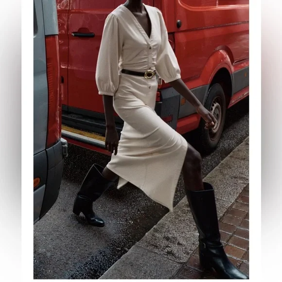 Zara Cream Midi Dress with Belt - Picture 5 of 11